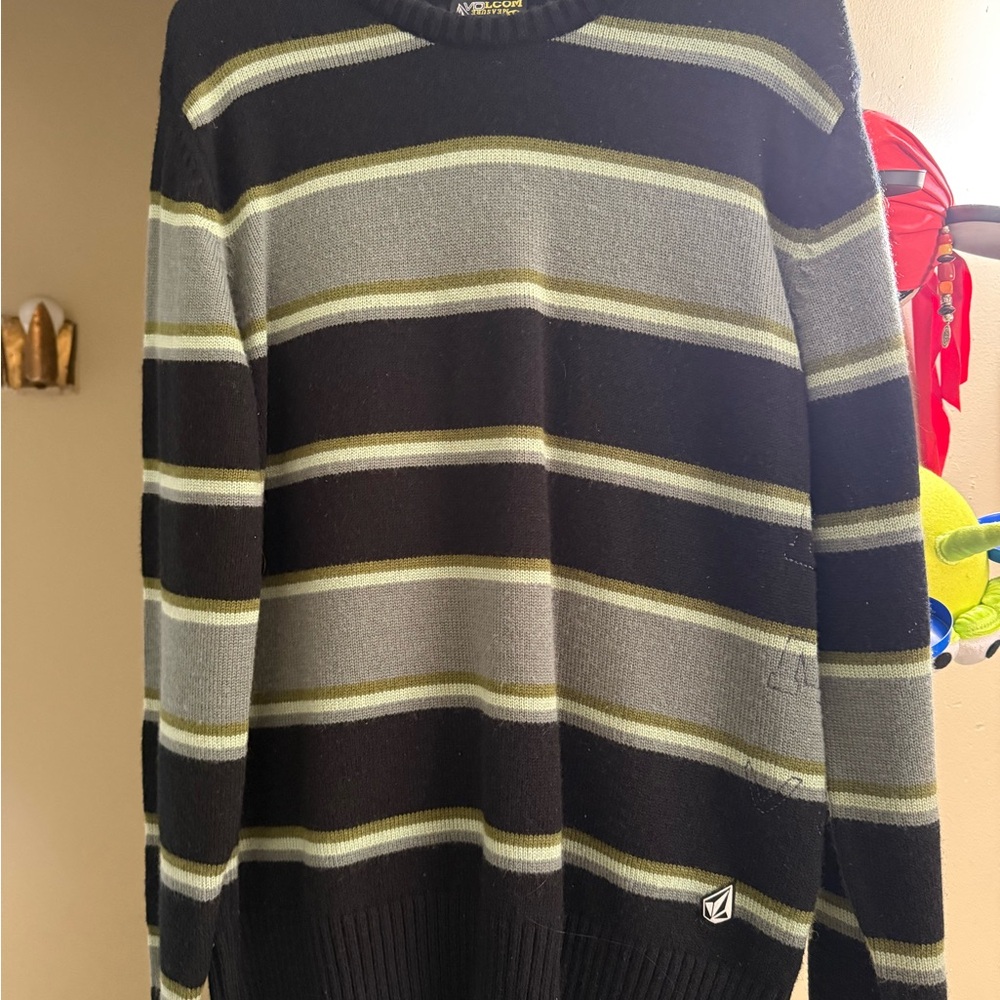 Men's Striped Volcom Sweater - Black and Gray
